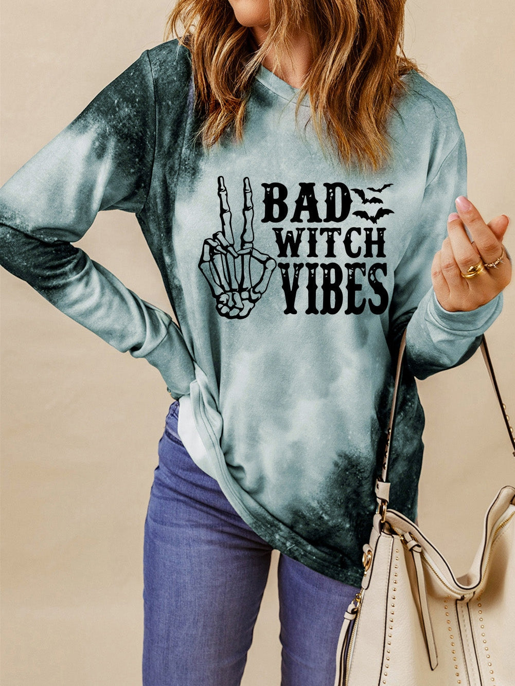 BAD WITCH VIBES Tie Dye Gray Graphic Long Sleeve Top