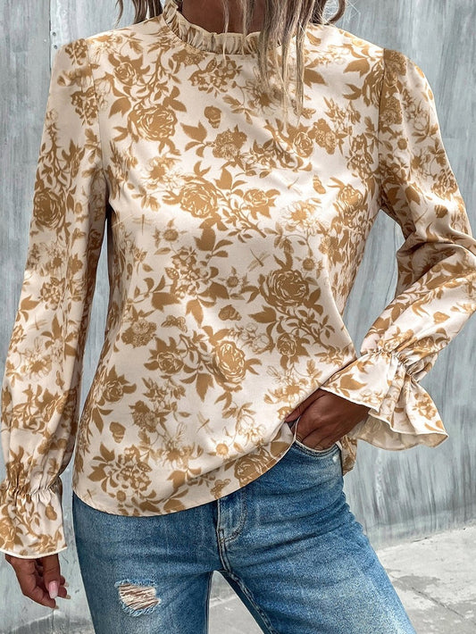 Elegant White Floral Print Ruffle Trim Shift Blouse