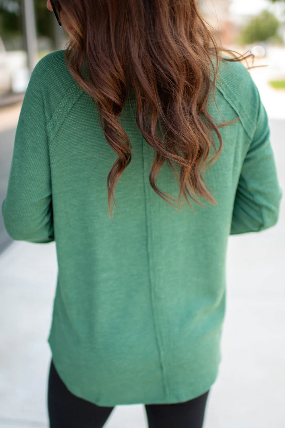 Sea Green Solid Color Thermal Knit Exposed Seam Raglan Sleeve Top