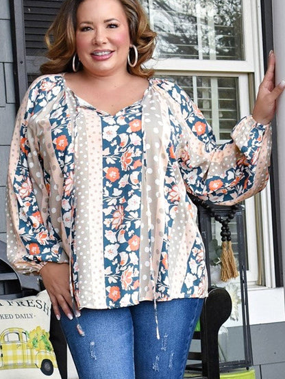 Multicolor Plus Size Mixed Print Split Neck Blouse