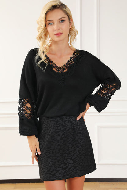Elegant Black Lace V-Neck Knit Sweater with Hollow Details