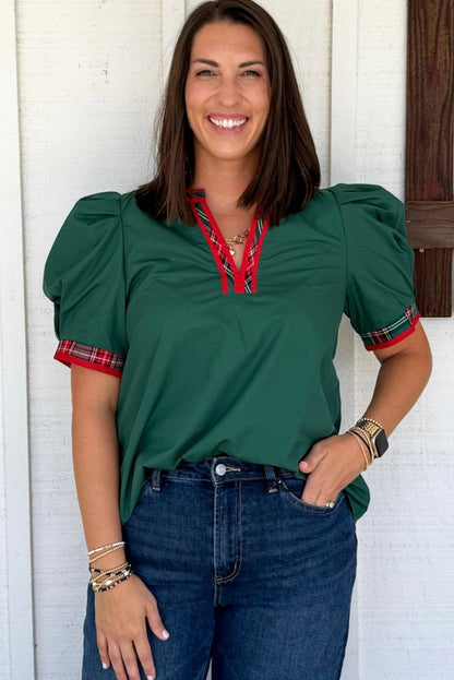 Blackish Green Plus Size Contrast Trim V Neck Short Bubble Sleeve Blouse