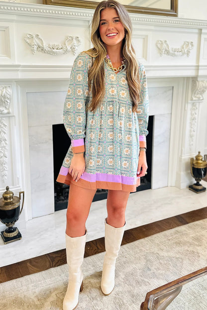 Green Geometric Floral Print Contrasted Striped Trim Long Sleeve Mini Dress