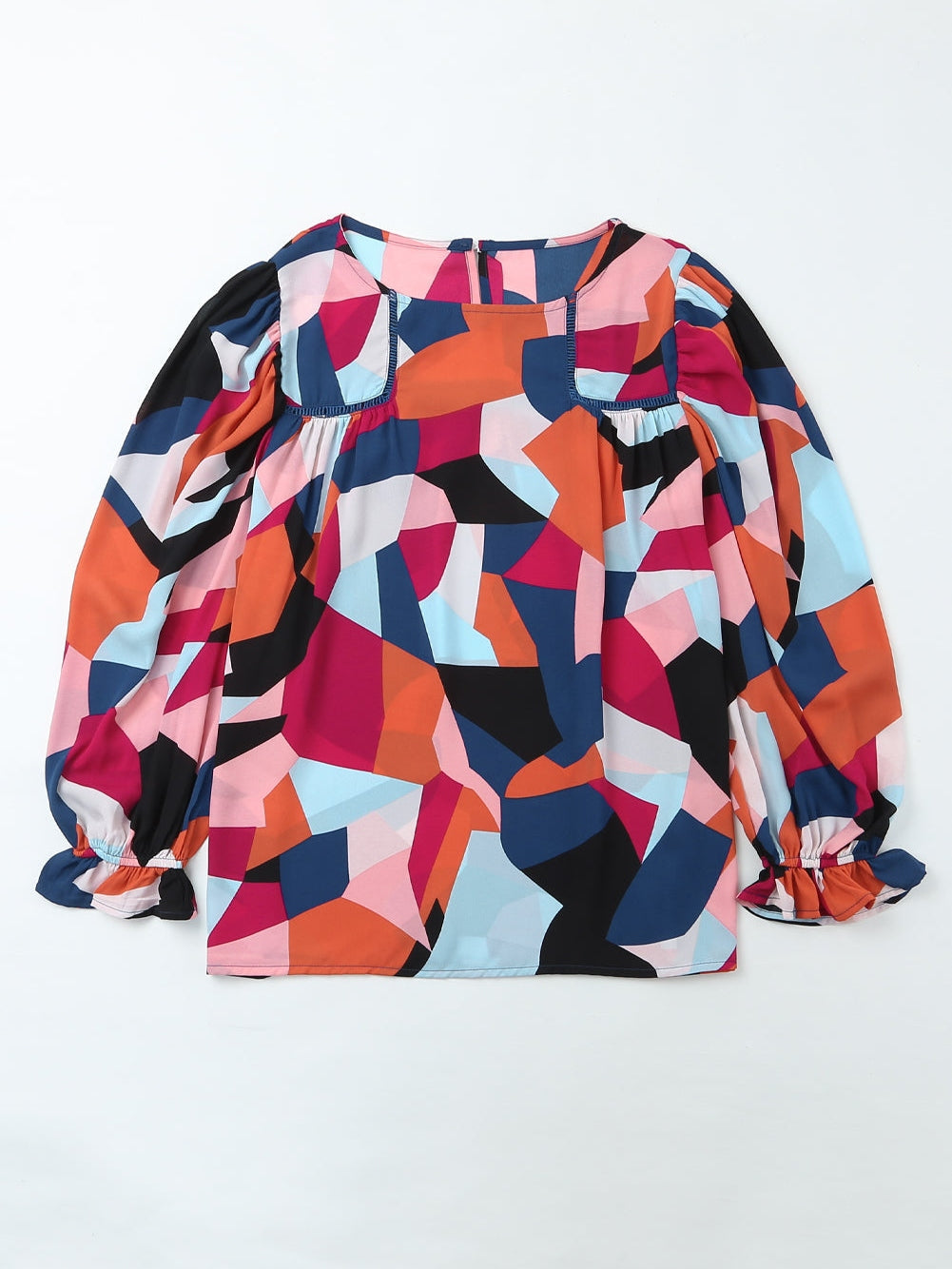 Glowing Abstract Pattern Ruffled Sleeve Crewneck Blouse