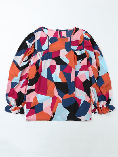 Glowing Abstract Pattern Ruffled Sleeve Crewneck Blouse