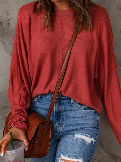 Fiery Red Crew Neck Patchwork Long Sleeve Casual Top