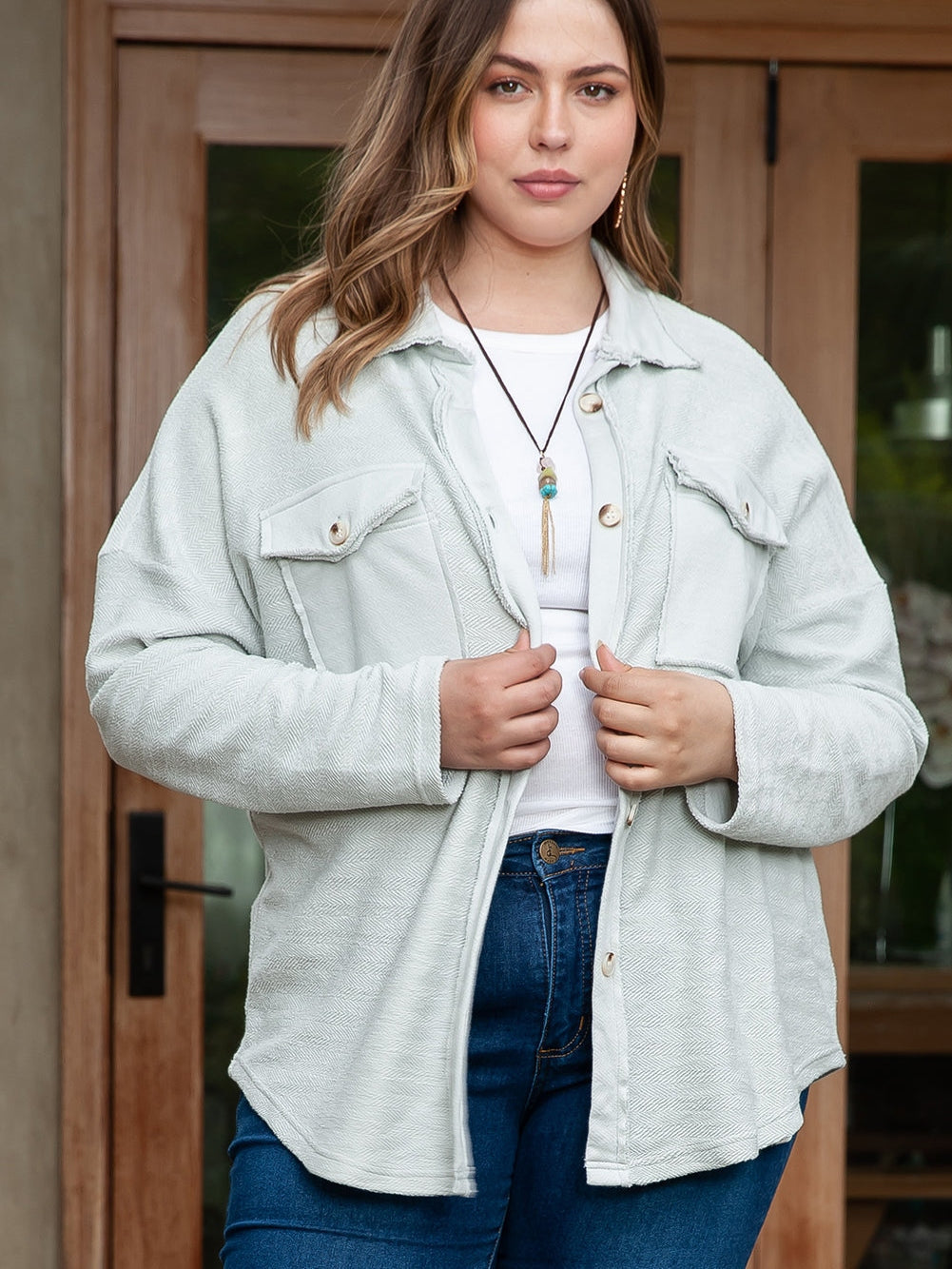 Gray Exposed Seam Flap Pocket Plus Size Shacket