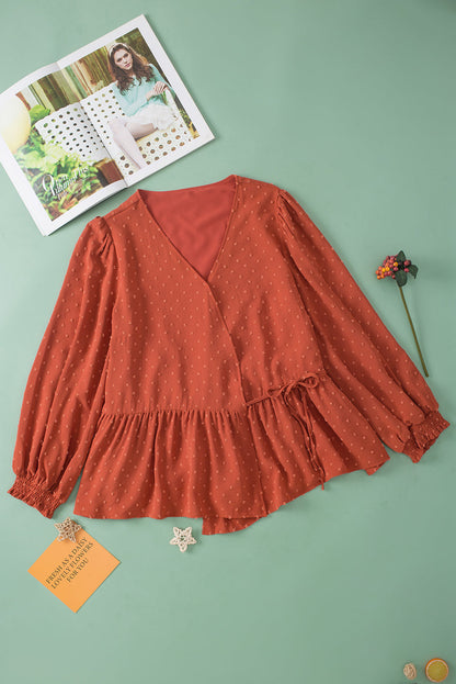 Golden Sparks Plus Size Swiss Dot V Neck Wrap Tie Side Blouse