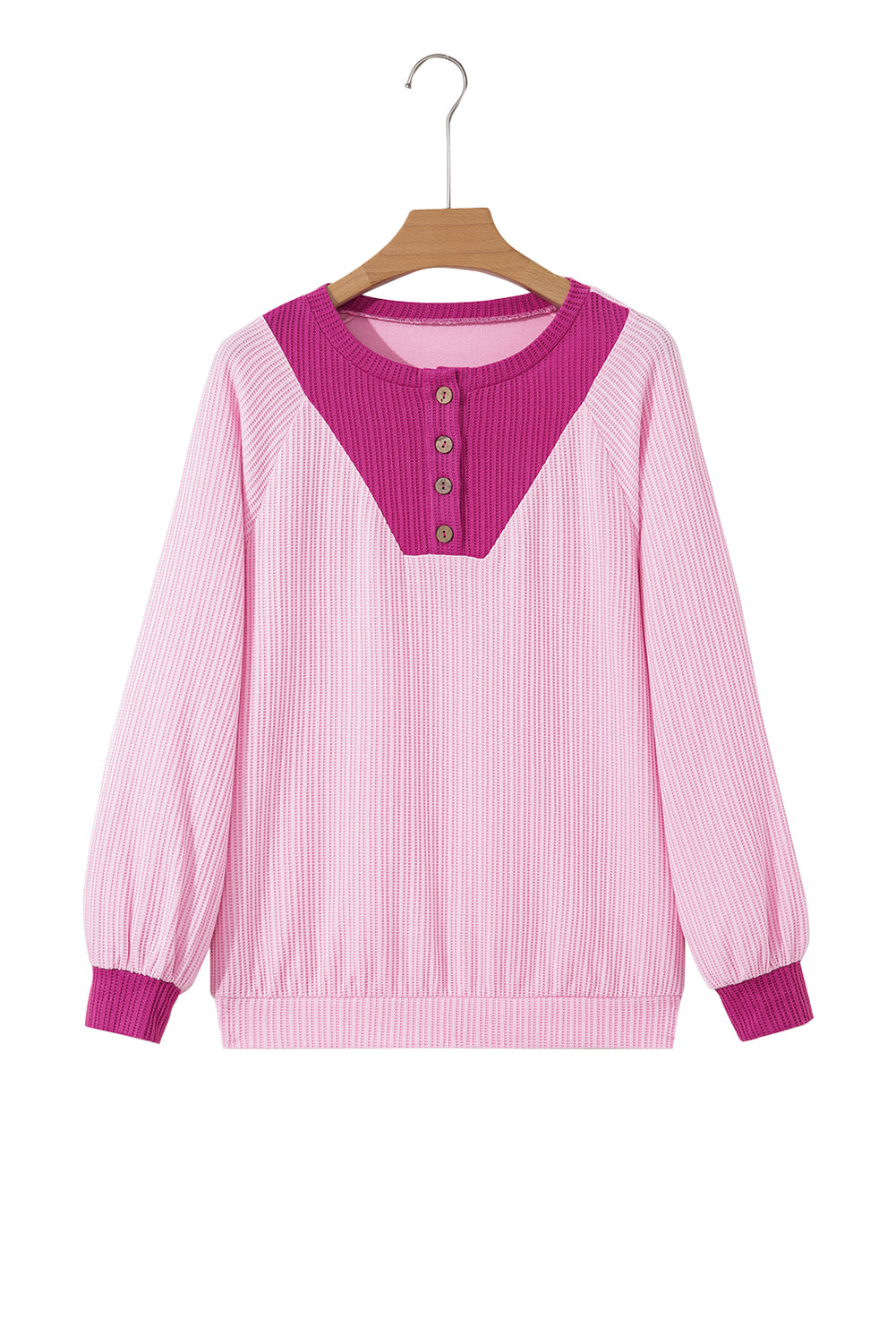 Pink Textured Knit Color Block Patchwork Button Neck Long Sleeve Top