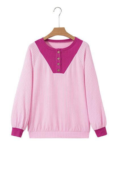 Pink Textured Knit Color Block Patchwork Button Neck Long Sleeve Top