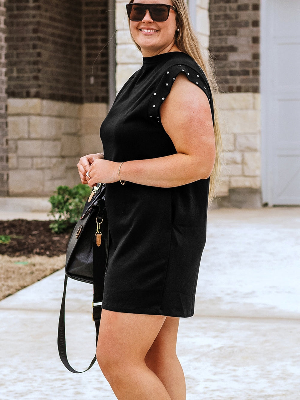 Black Studded Cap Sleeve Plus Size T-shirt Dress