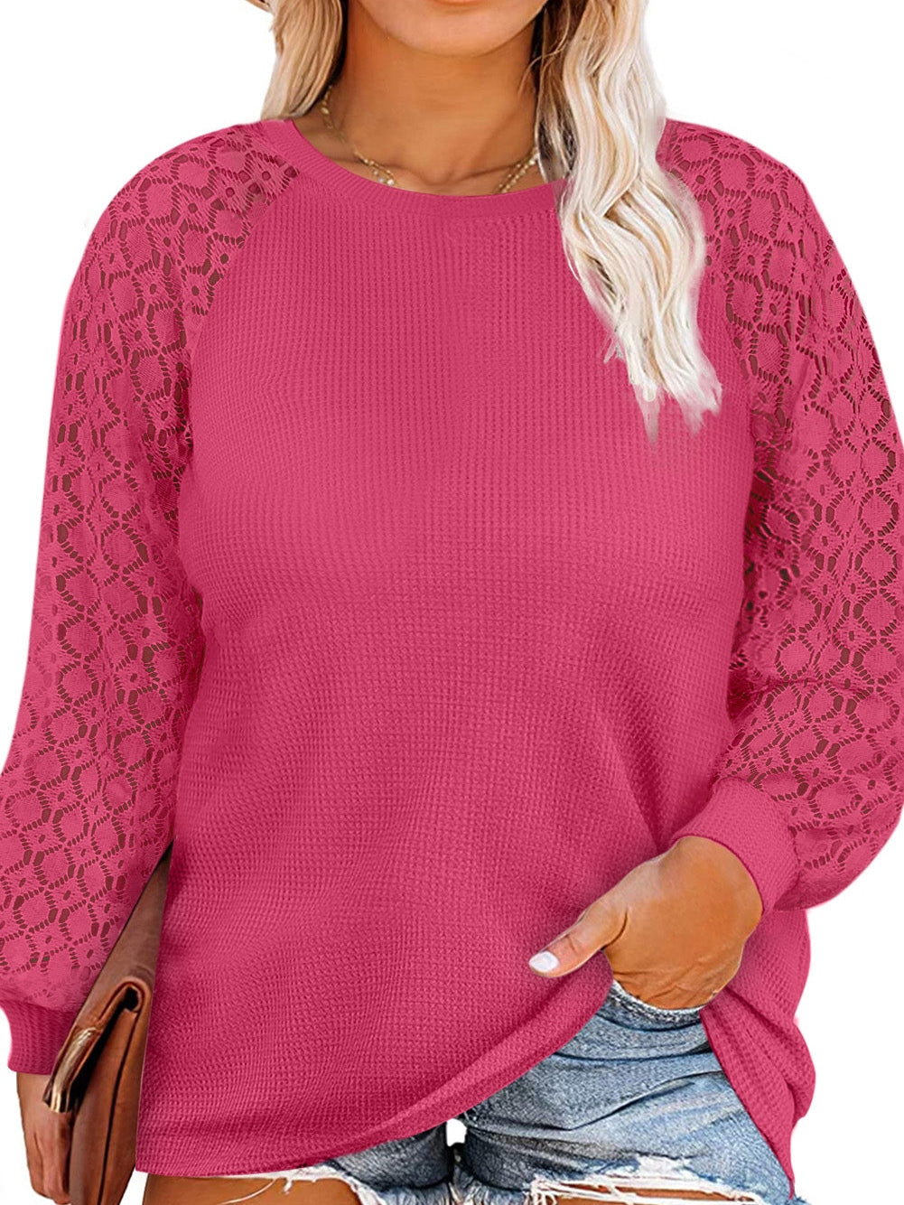 Strawberry Pink Plus Size Contrast Lace Sleeve Waffle Knit Top