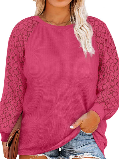 Strawberry Pink Plus Size Contrast Lace Sleeve Waffle Knit Top