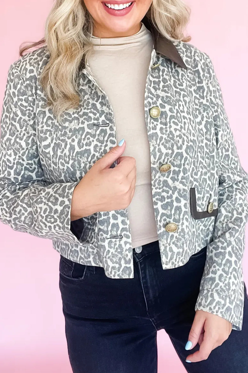 Black Leopard Print Button Flap Contrast PU Leather Collar Patchwork Jacket