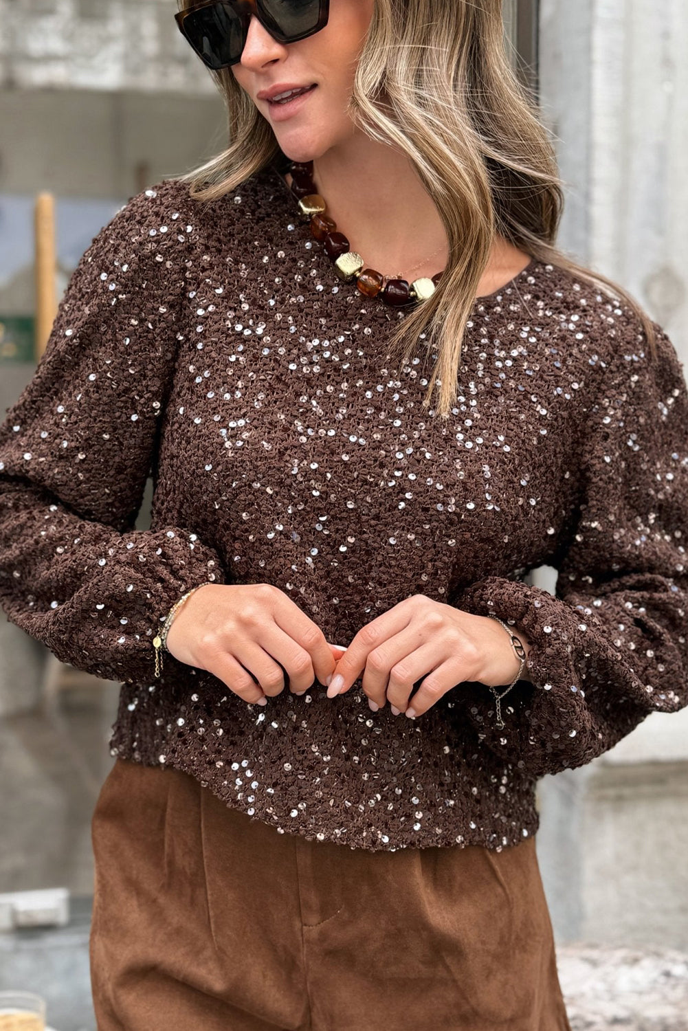 Chicory Coffee Sequin Textured Puff Sleeve Top
