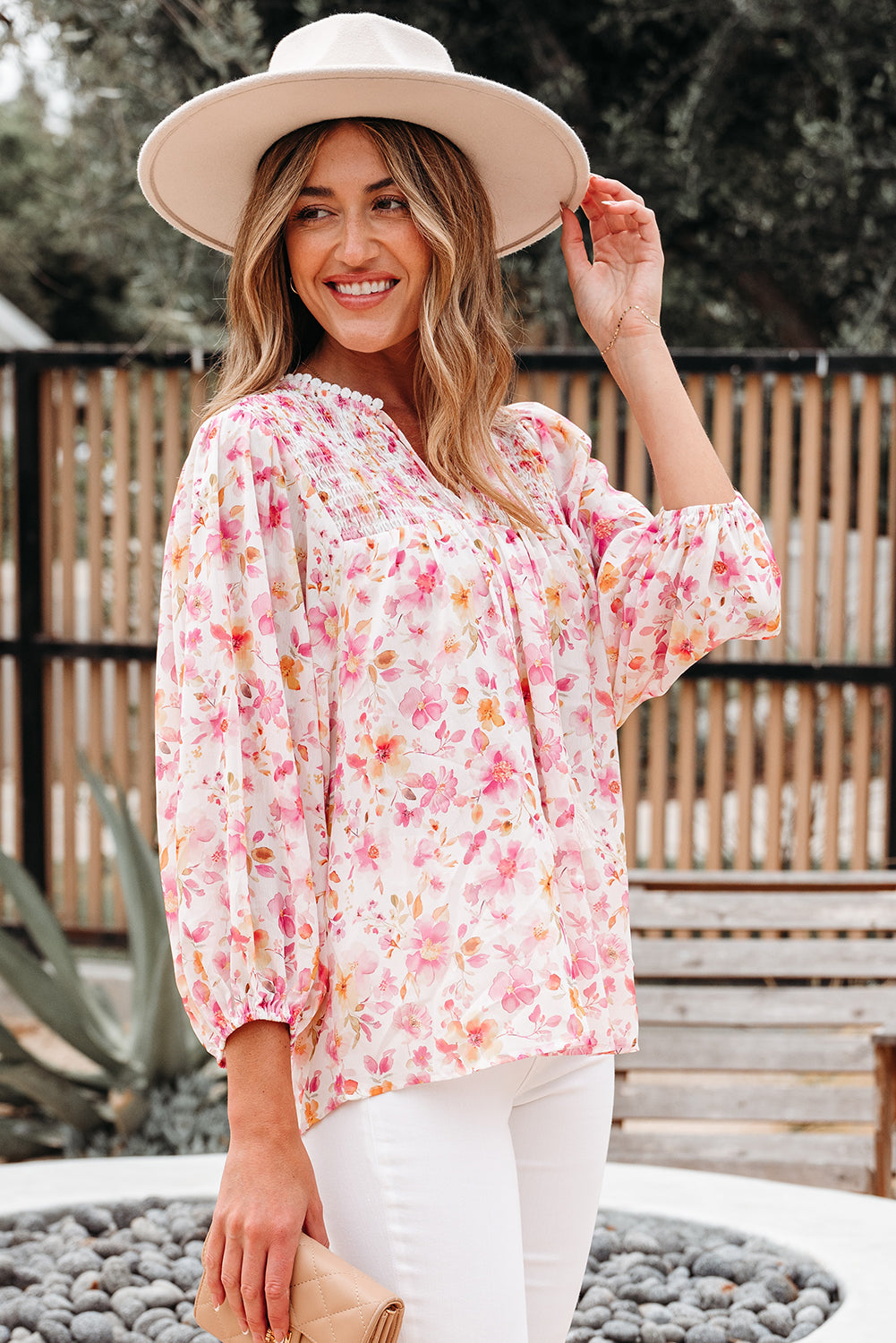 pink floral blouse