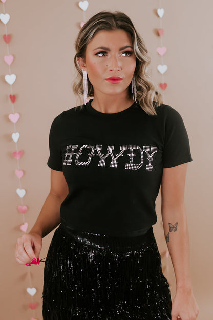 HOWDY Black Rhinestone Embellished Slim Fit Tee