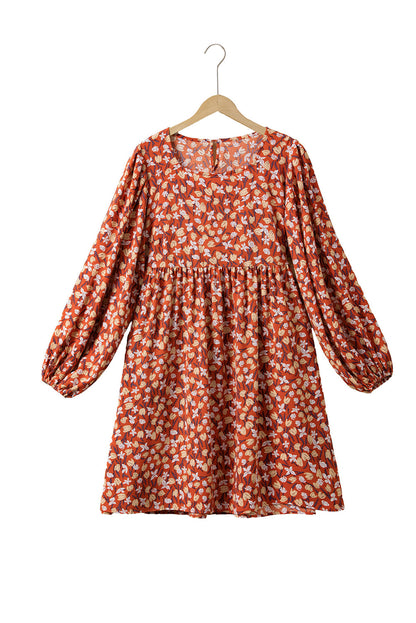 Elegant Gold Floral Square Neck Bubble Sleeve Plus Size Midi Dress