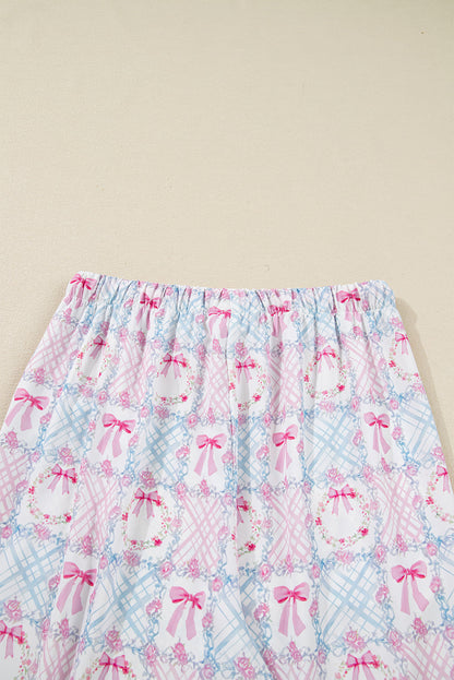 Pink Bow Wreath Pattern Christmas Holiday Tied Front Long Sleeve 2pcs Pajama Set