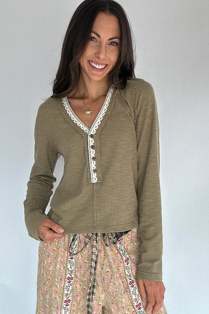 Sage Green Ribbed Knit Long Sleeve Lace Trim V Neck Buttoned Pullover Top