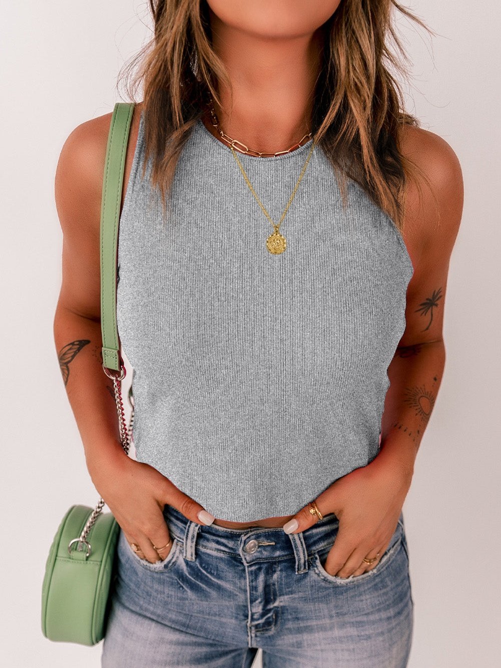 Gray Ribbed Sleeveless Crop Top with Crew Neck