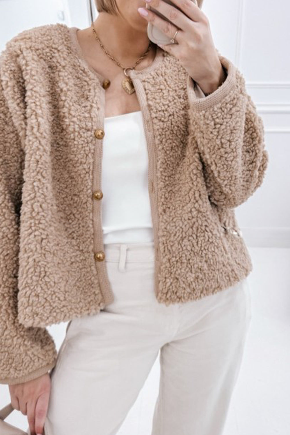 Smoke Gray Sherpa Buttoned Front Plush Jacket