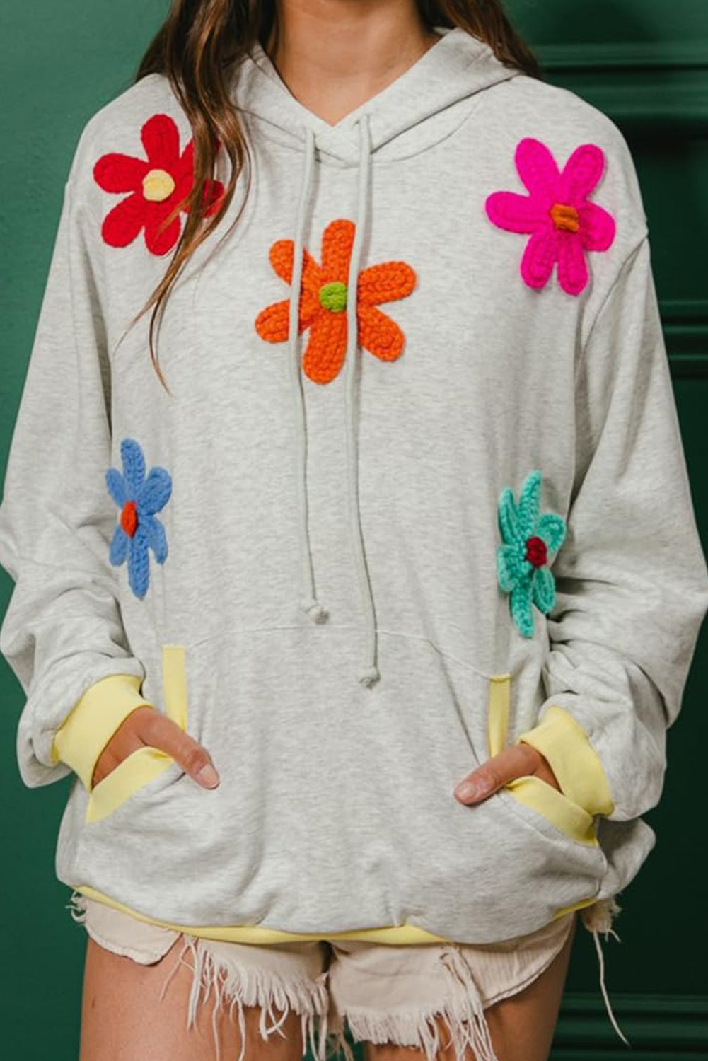 Light Grey Flower Patched Contrast Trim Pullover Hoodie