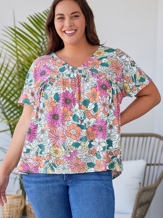 Summer Blossom V Neck Plus Size Blouse for Women