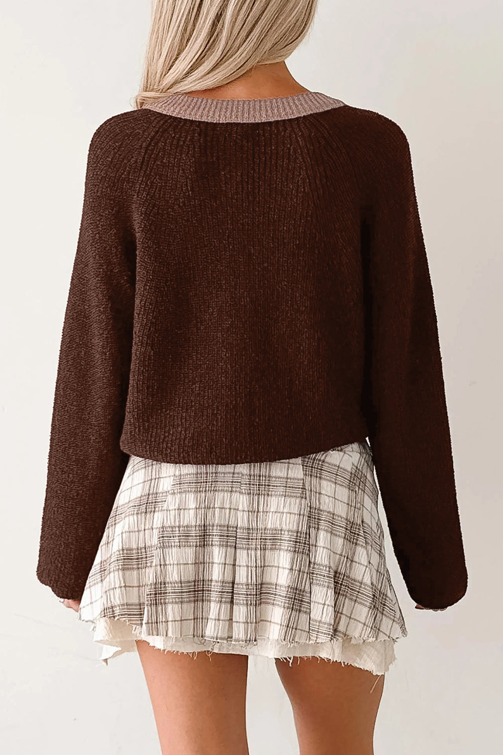 Chicory Coffee Contrast Knit V Neckline Short Cardigan