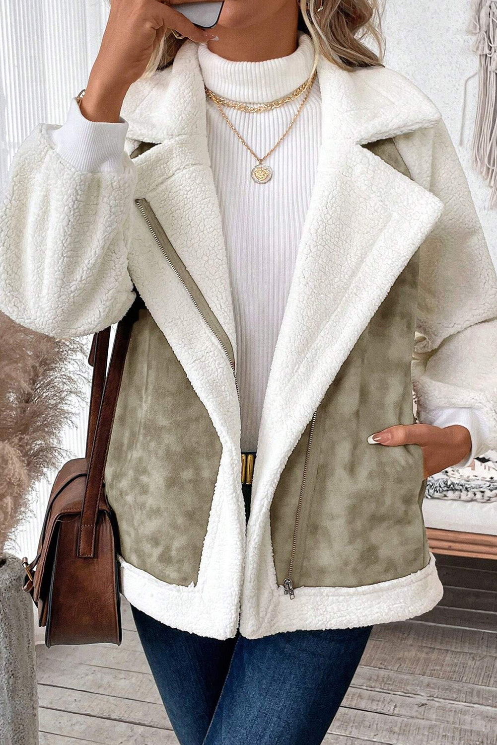 Laurel Green Faux Suede Sherpa Patchwork Zip Up Pocketed Jacket