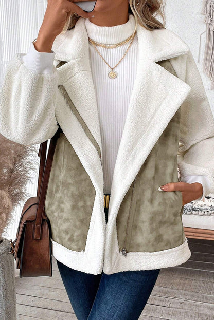 Laurel Green Faux Suede Sherpa Patchwork Zip Up Pocketed Jacket