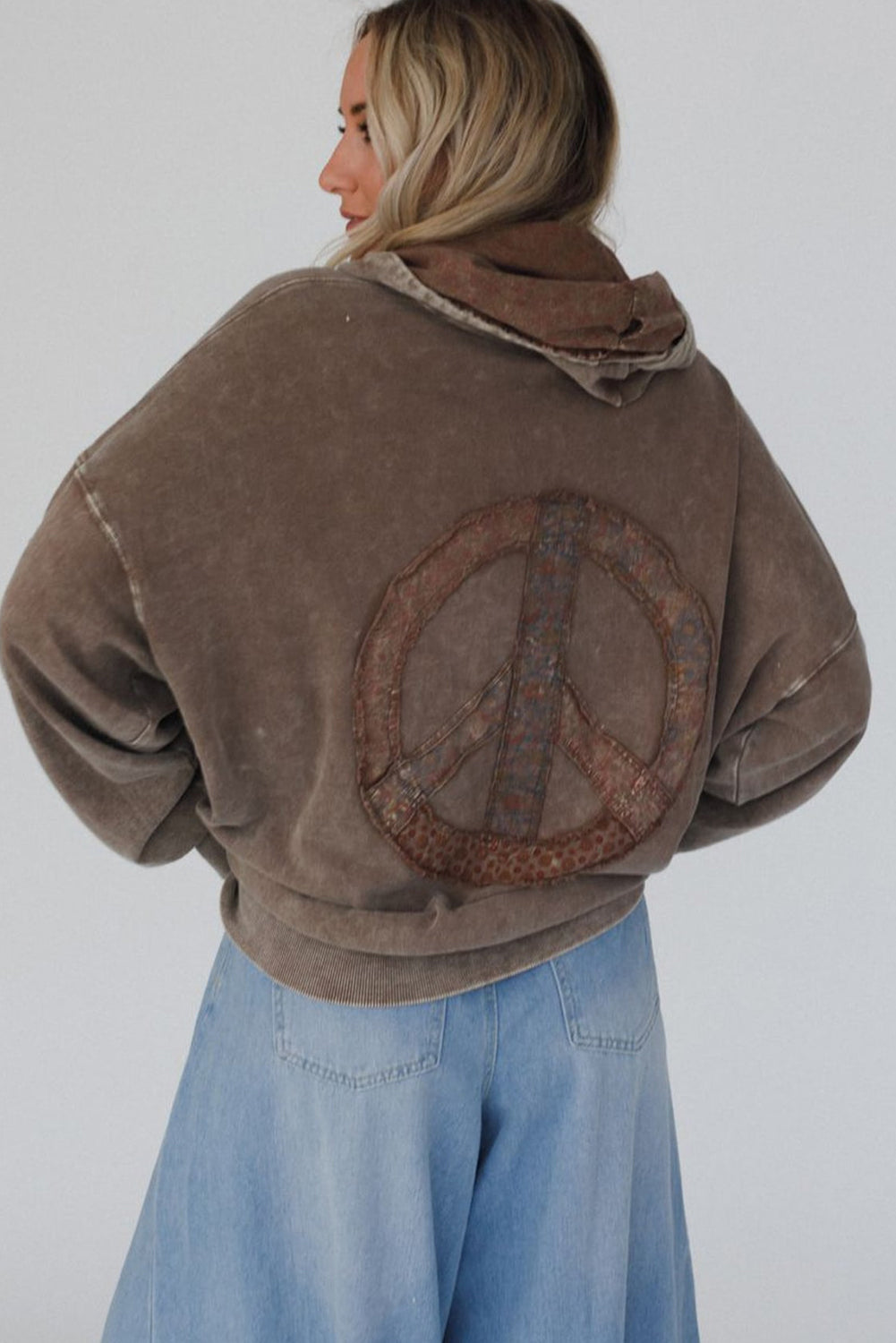 Dark Brown Mineral Wash Button Drawstring Neck Hooded Sweatshirt