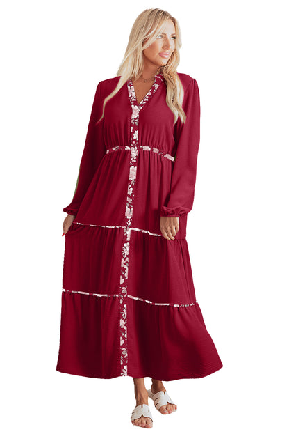 Red Dahlia Floral Patchwork Detail Notched Neck Long Sleeve Maxi Dress