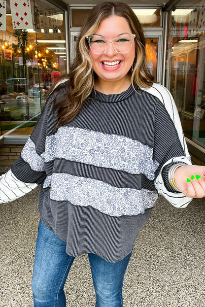 Gray Twisted Ribbed Paisley Print Striped Patchwork Plus Size Long Sleeve Top