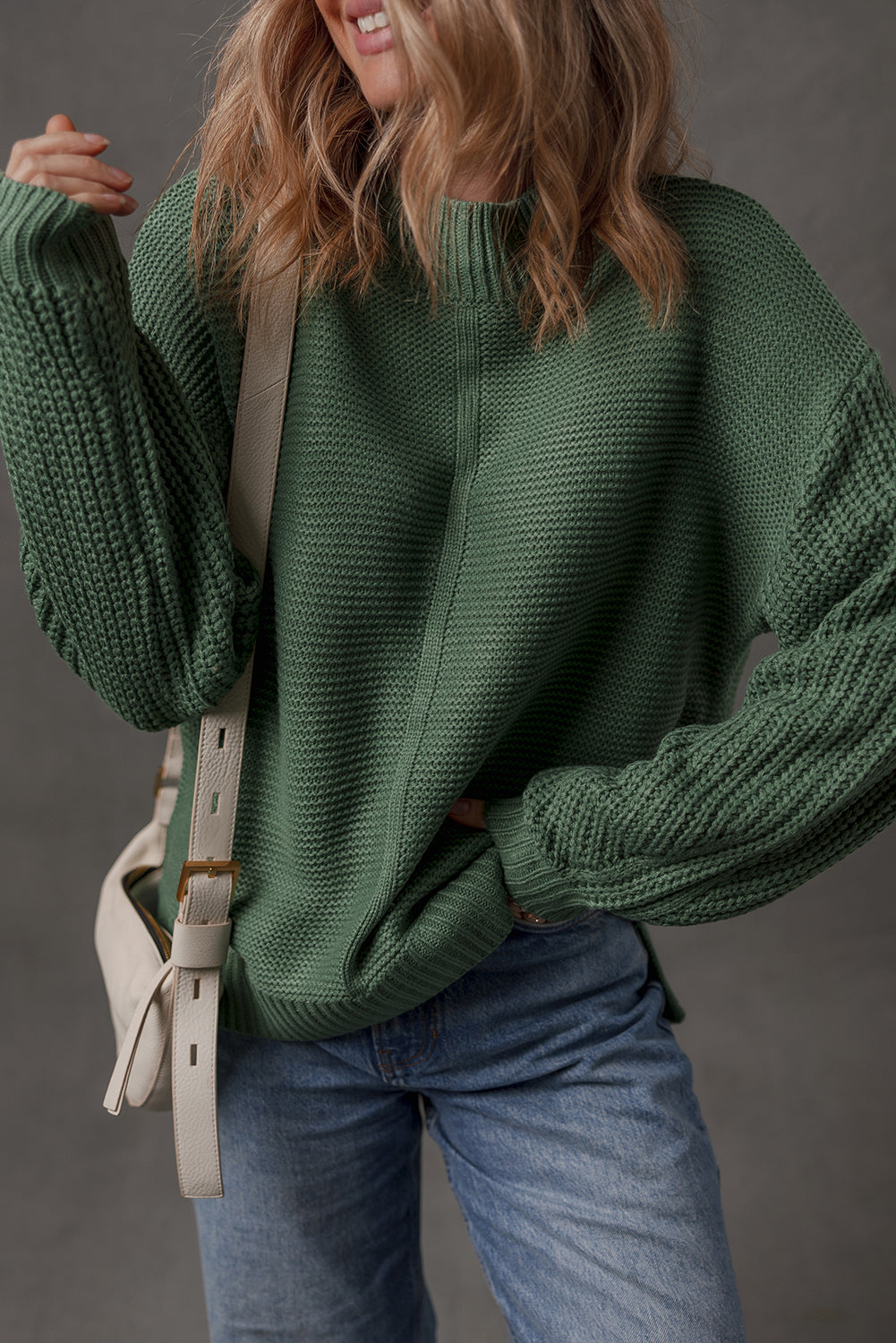 Mist Green Solid Color Front Seam Drop Shoulder Loose Sweater