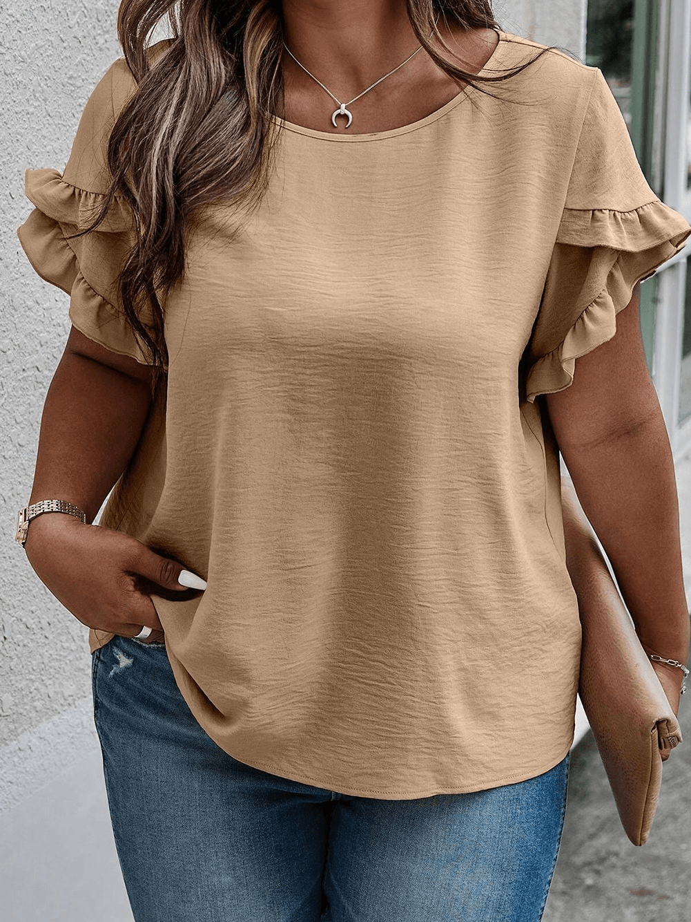 Light Beige Ruffle Sleeve Plus Size Top for a Chic Look