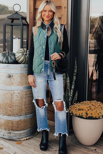 Evergreen Color Contrast High Neck Snap Button Quilted Vest