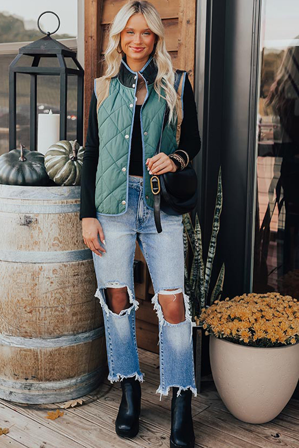 Evergreen Color Contrast High Neck Snap Button Quilted Vest