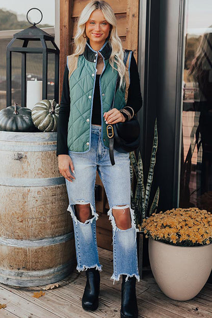 Evergreen Color Contrast High Neck Snap Button Quilted Vest