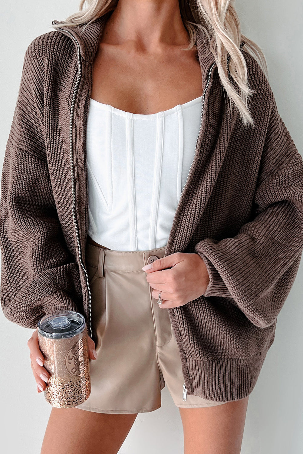Chicory Coffee Drop Shoulder Collared Zip Up Sweater Cardigan