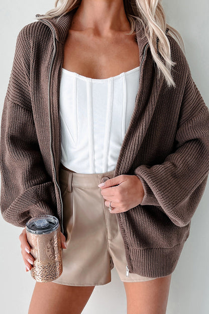 Chicory Coffee Drop Shoulder Collared Zip Up Sweater Cardigan