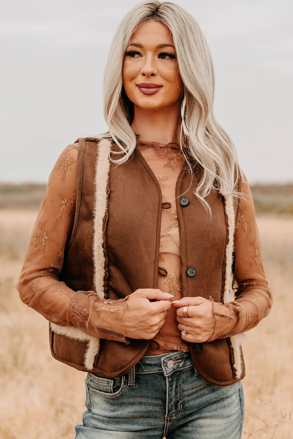 Coffee Faux Suede Plush Trim Button Down Vest