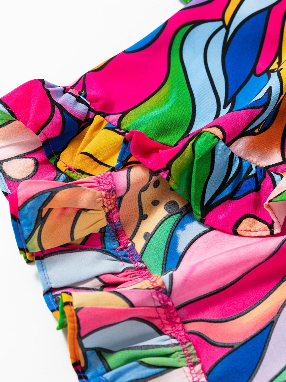 Rose Abstract Print Frilly Trim Blouse for Plus Size Women