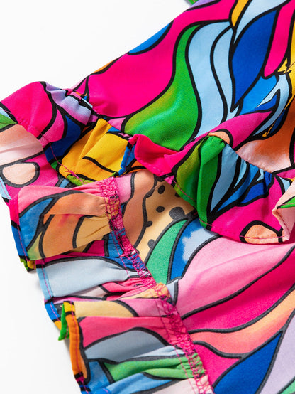 Rose Abstract Print Frilly Trim Blouse for Plus Size Women