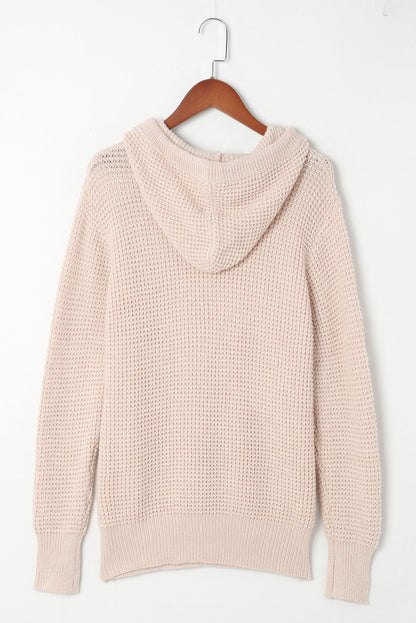 Apricot Hooded Waffle Knit Sweater with Button-Up Front Pocket