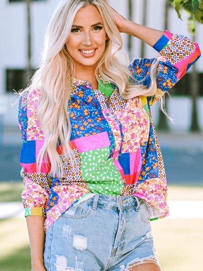 Floral Patchwork Print Button-Up Blouse