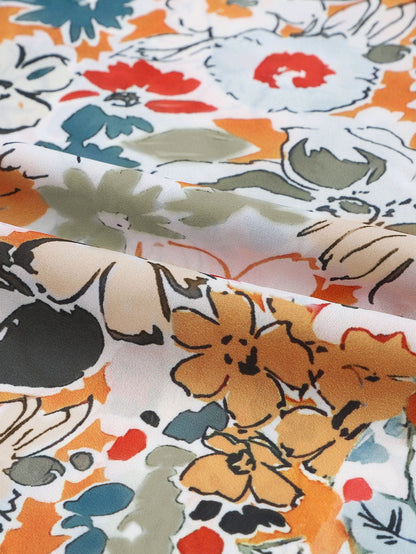 Floral Print Split V Neck Puff Sleeve Blouse