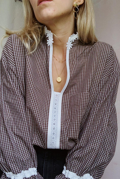 Brown Contrast Lace Collar Ruffled Sleeve Plaid Blouse