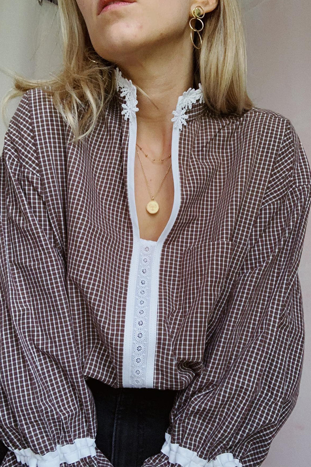 Brown Contrast Lace Collar Ruffled Sleeve Plaid Blouse