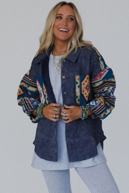 Dirty blue Aztec Print Patchwork Button Down Corduroy Shacket